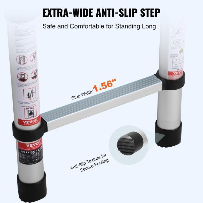VEVOR Telescoping Extension Ladder 8.5FT One-button Retraction 375 LBS Capacity - Image 3