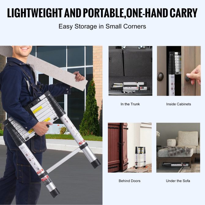 VEVOR Telescoping Extension Ladder 8.5FT One-button Retraction 375 LBS Capacity - Image 5