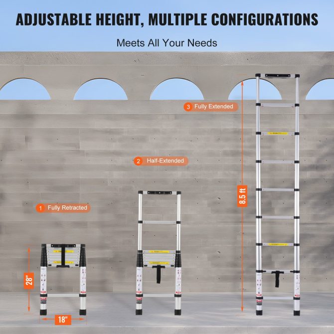 VEVOR Telescoping Extension Ladder 8.5FT One-button Retraction 375 LBS Capacity - Image 6