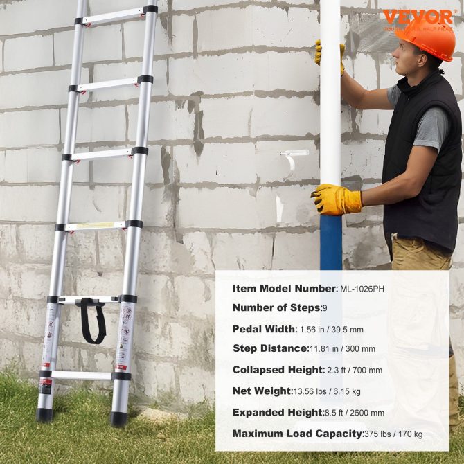 VEVOR Telescoping Extension Ladder 8.5FT One-button Retraction 375 LBS Capacity - Image 7