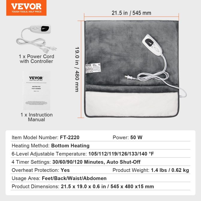 VEVOR Electric Heated Foot Warmer Soft Flannel Foot Heating Pad 21.5" x 19.0" - Image 7