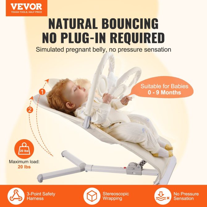 VEVOR Baby Bouncer Folding Bouncer Seat Chair for Babies 0-9 Months with Toy Bar - Image 2