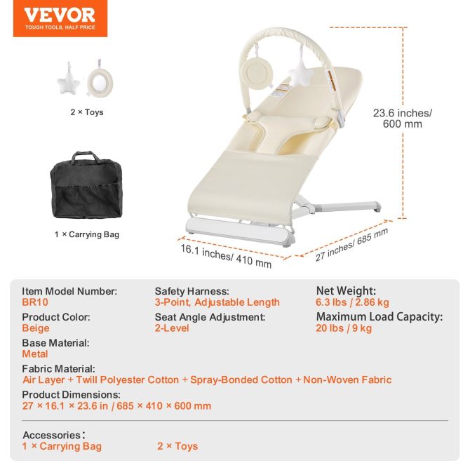 VEVOR Baby Bouncer Folding Bouncer Seat Chair for Babies 0-9 Months with Toy Bar - Image 7