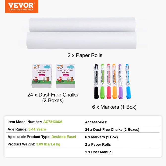 VEVOR Easel Accessory Set Chalk & Markers & Paper Rolls 32PCS for Tabletop Easel - Image 7