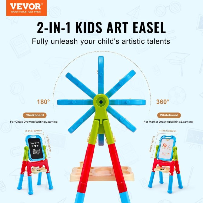 VEVOR 2-in-1 Kids Art Easel Double-Sided Magnetic Whiteboard Chalkboard Rotating - Image 2