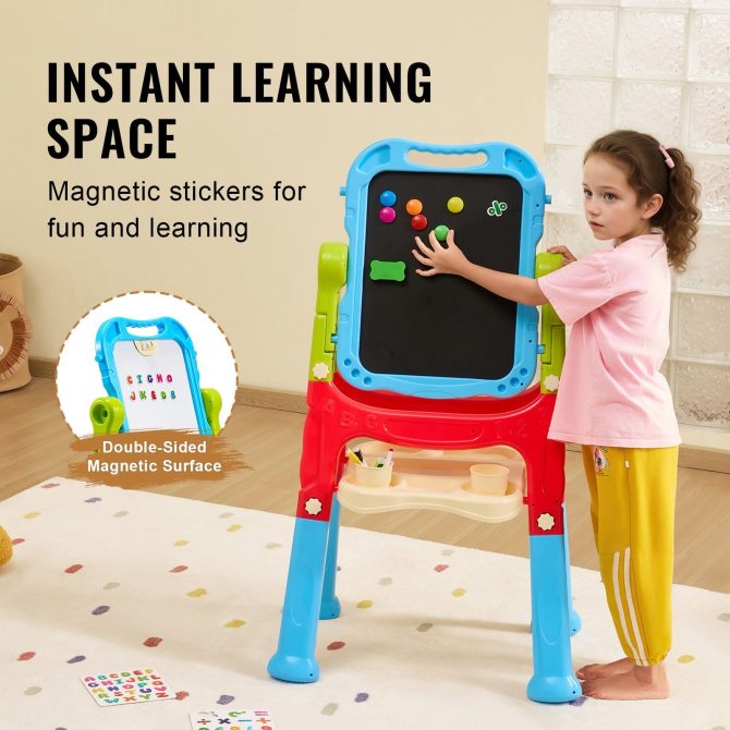 VEVOR 2-in-1 Kids Art Easel Double-Sided Magnetic Whiteboard Chalkboard Rotating - Image 5