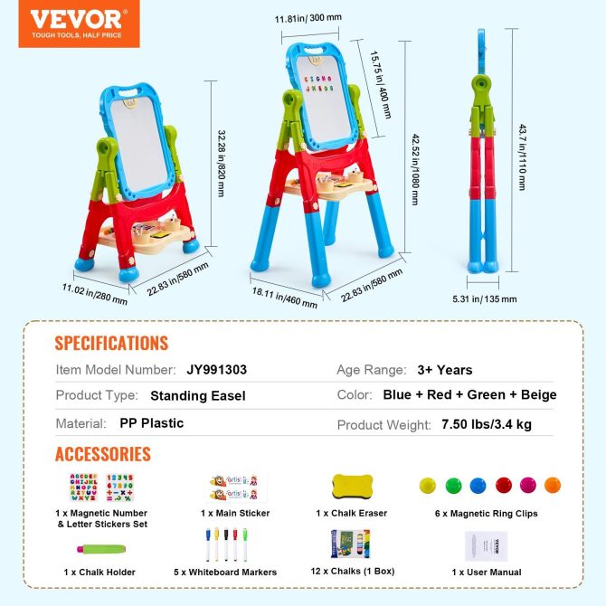 VEVOR 2-in-1 Kids Art Easel Double-Sided Magnetic Whiteboard Chalkboard Rotating - Image 7