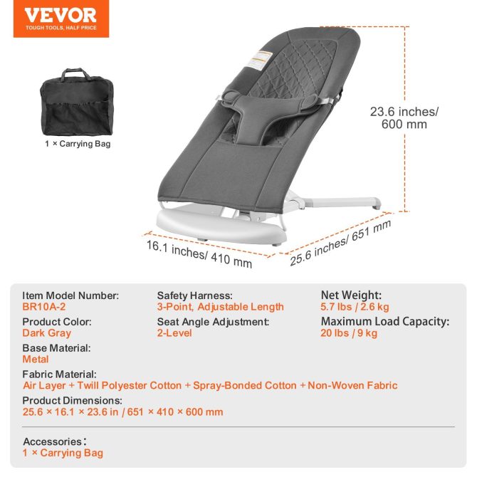VEVOR Baby Bouncer Folding Bouncer Seat Chair for Babies with 2 Reclining Angles - Image 7