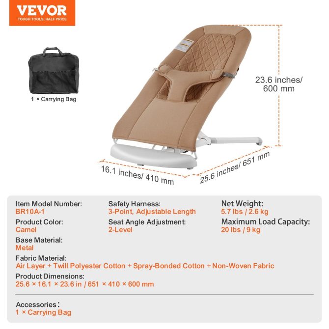 VEVOR Baby Bouncer Folding Bouncer Seat Chair for Babies with 2 Reclining Angles - Image 7