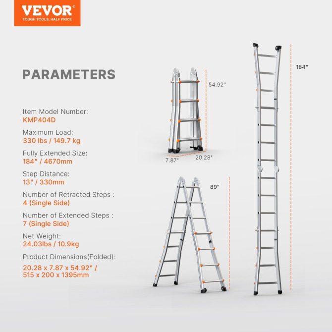 VEVOR Telescoping Ladder A Frame 15 FT Extension Multi-Function for Homework - Image 7