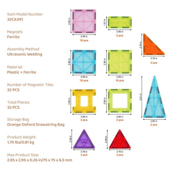 VEVOR Magnetic Tiles Magnetic Building Toy 32 PCS Magnet Blocks for Kids 3D Set - Image 7