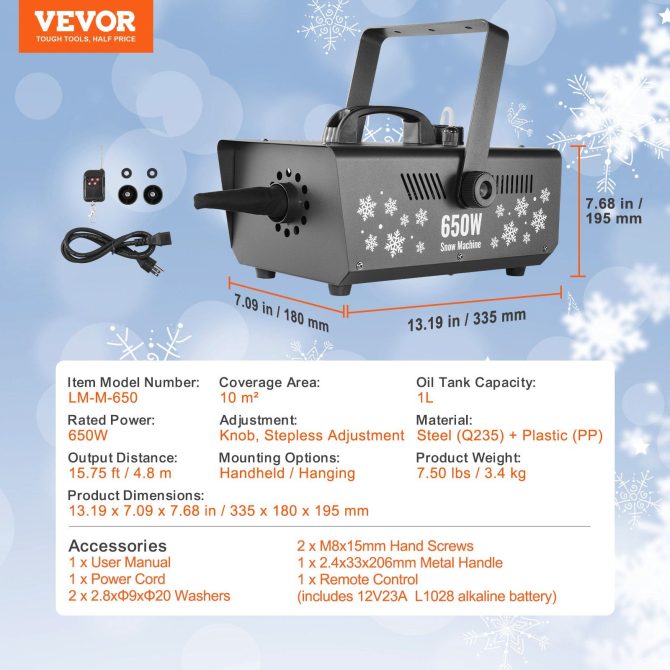 VEVOR Snow Machine 650W Handheld Hanging Snow Making Machine for Holidays - Image 7