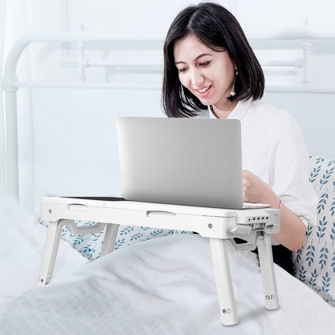 Foldable Laptop Table Bed Notebook Desk with Cooling Fan Mouse Board LED light 4 xUSB Ports Breakfast Snacking Tray - Image 18