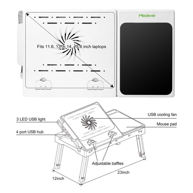 Foldable Laptop Table Bed Notebook Desk with Cooling Fan Mouse Board LED light 4 xUSB Ports Breakfast Snacking Tray - Image 19