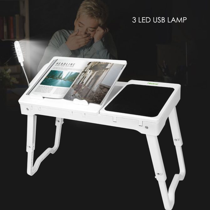 Foldable Laptop Table Bed Notebook Desk with Cooling Fan Mouse Board LED light 4 xUSB Ports Breakfast Snacking Tray - Image 21