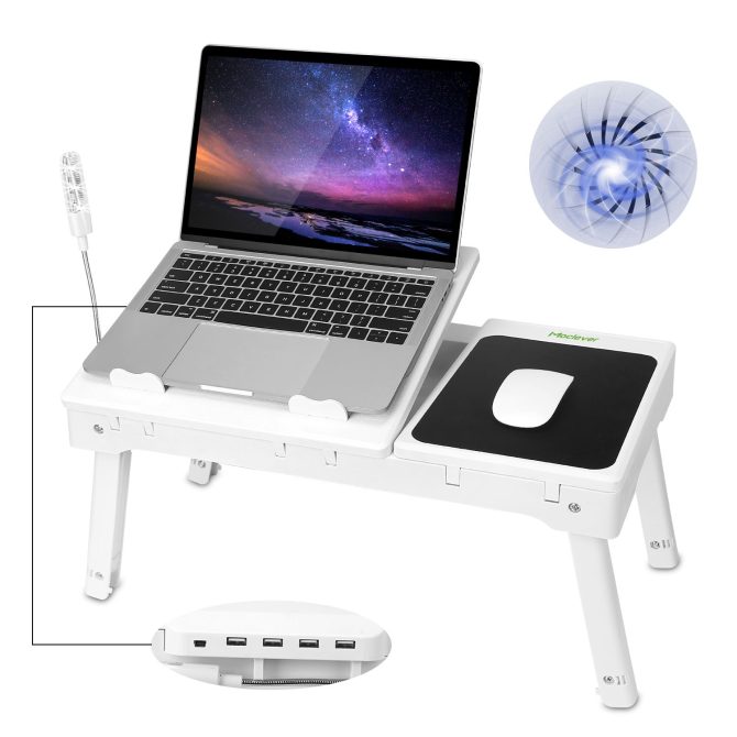 Foldable Laptop Table Bed Notebook Desk with Cooling Fan Mouse Board LED light 4 xUSB Ports Breakfast Snacking Tray - Image 17