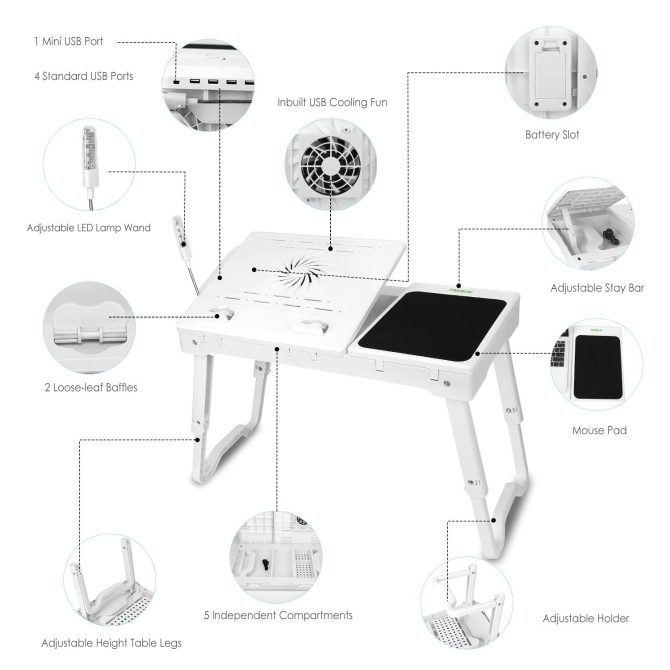 Foldable Laptop Table Bed Notebook Desk with Cooling Fan Mouse Board LED light 4 xUSB Ports Breakfast Snacking Tray - Image 24