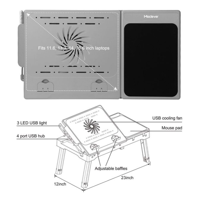 Foldable Laptop Table Bed Notebook Desk with Cooling Fan Mouse Board LED light 4 xUSB Ports Breakfast Snacking Tray - Image 11