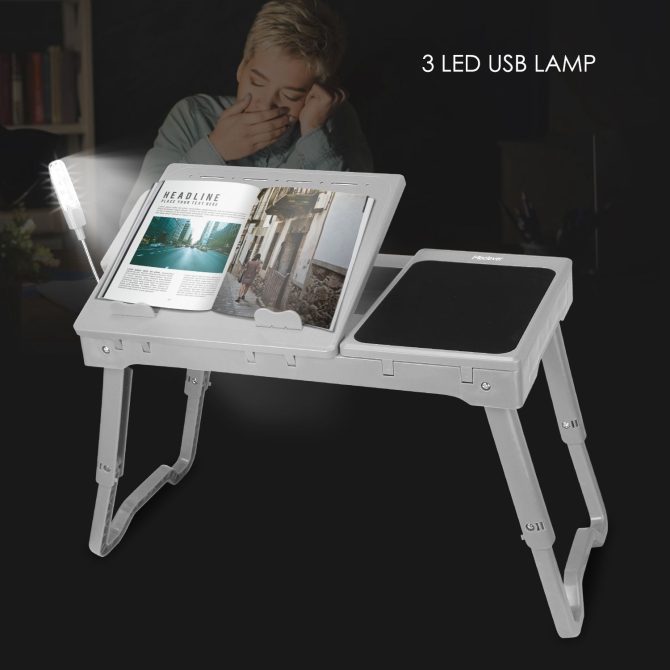 Foldable Laptop Table Bed Notebook Desk with Cooling Fan Mouse Board LED light 4 xUSB Ports Breakfast Snacking Tray - Image 13