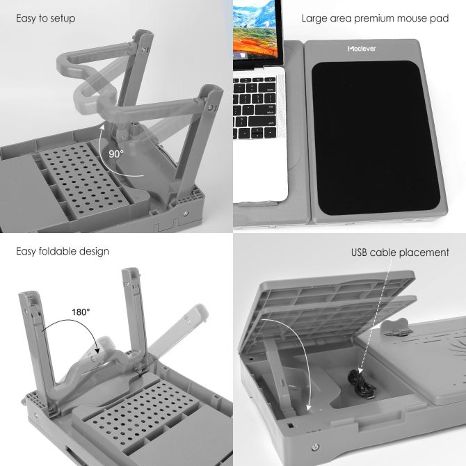Foldable Laptop Table Bed Notebook Desk with Cooling Fan Mouse Board LED light 4 xUSB Ports Breakfast Snacking Tray - Image 15