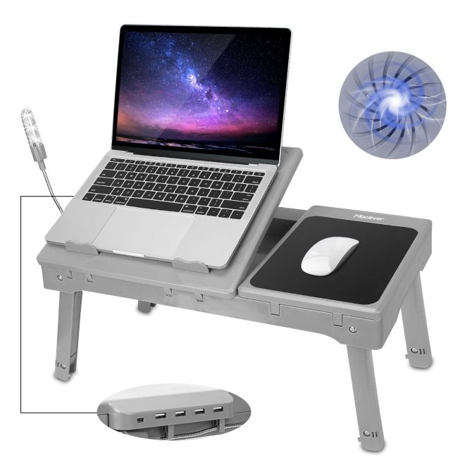 Foldable Laptop Table Bed Notebook Desk with Cooling Fan Mouse Board LED light 4 xUSB Ports Breakfast Snacking Tray - Image 9