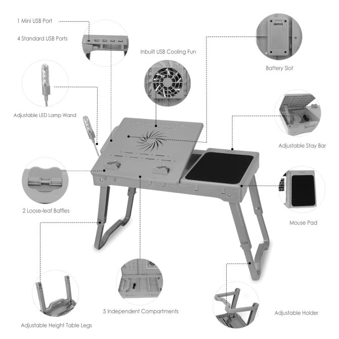 Foldable Laptop Table Bed Notebook Desk with Cooling Fan Mouse Board LED light 4 xUSB Ports Breakfast Snacking Tray - Image 16
