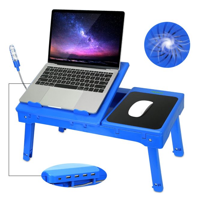 Foldable Laptop Table Bed Notebook Desk with Cooling Fan Mouse Board LED light 4 xUSB Ports Breakfast Snacking Tray - Image 7
