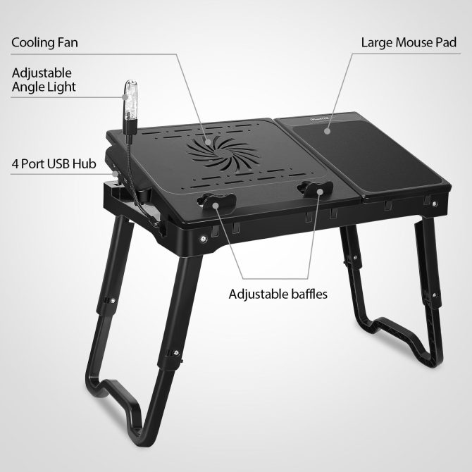 Foldable Laptop Table Bed Notebook Desk with Cooling Fan Mouse Board LED light 4 xUSB Ports Breakfast Snacking Tray - Image 2