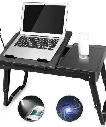 Foldable Laptop Table Bed Notebook Desk with Cooling Fan Mouse Board LED light 4 xUSB Ports Breakfast Snacking Tray