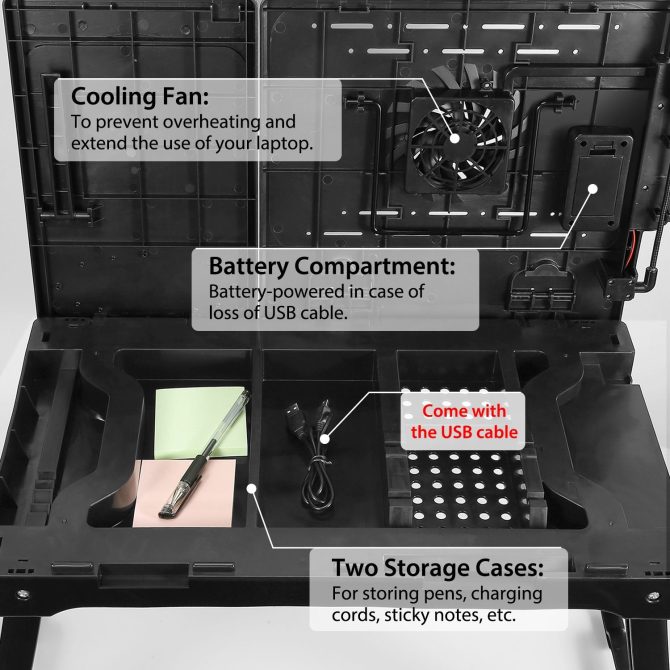 Foldable Laptop Table Bed Notebook Desk with Cooling Fan Mouse Board LED light 4 xUSB Ports Breakfast Snacking Tray - Image 5