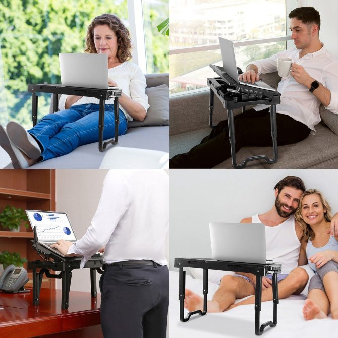 Foldable Laptop Table Bed Notebook Desk with Cooling Fan Mouse Board LED light 4 xUSB Ports Breakfast Snacking Tray - Image 6