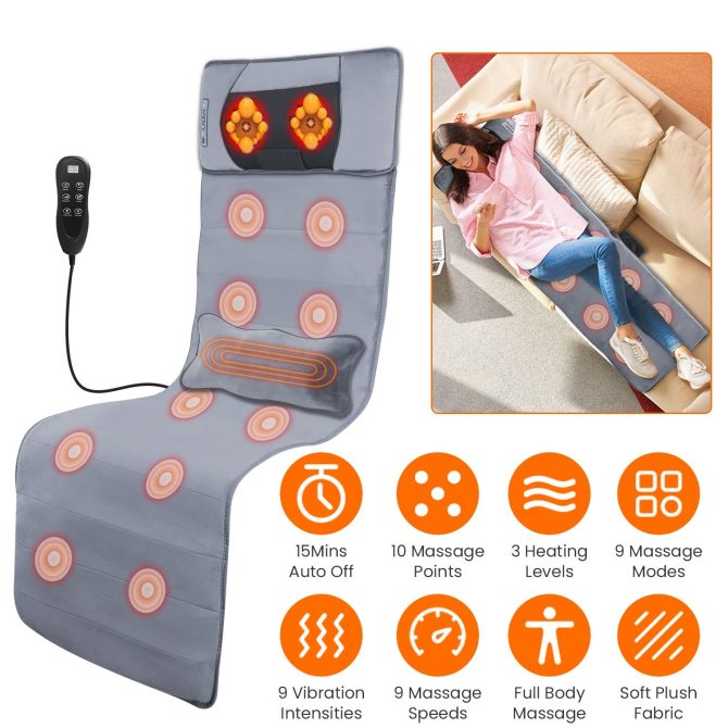 Full Body Electric Massage Mat with Heat Vibration Massage Pad Cushion Back Massage Mattress Chair Pad with Neck Massage Pillow with 10 Vibration Motors Timer - Image 7
