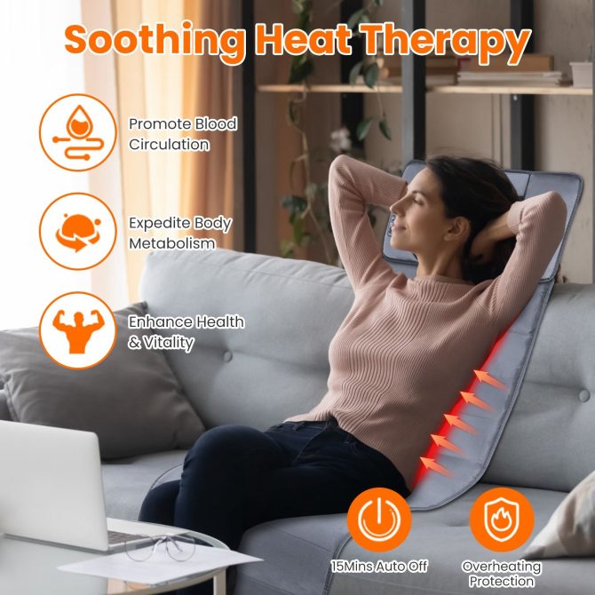 Full Body Electric Massage Mat with Heat Vibration Massage Pad Cushion Back Massage Mattress Chair Pad with Neck Massage Pillow with 10 Vibration Motors Timer - Image 8