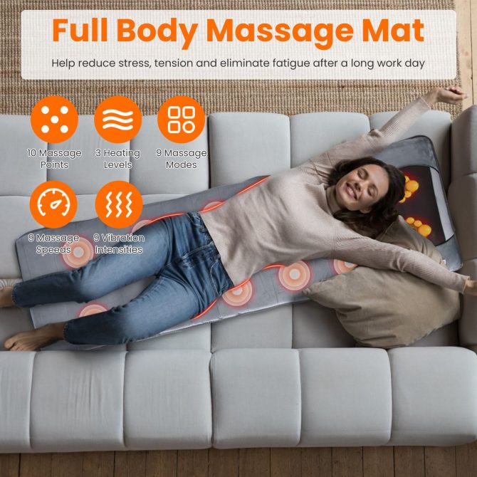 Full Body Electric Massage Mat with Heat Vibration Massage Pad Cushion Back Massage Mattress Chair Pad with Neck Massage Pillow with 10 Vibration Motors Timer - Image 9