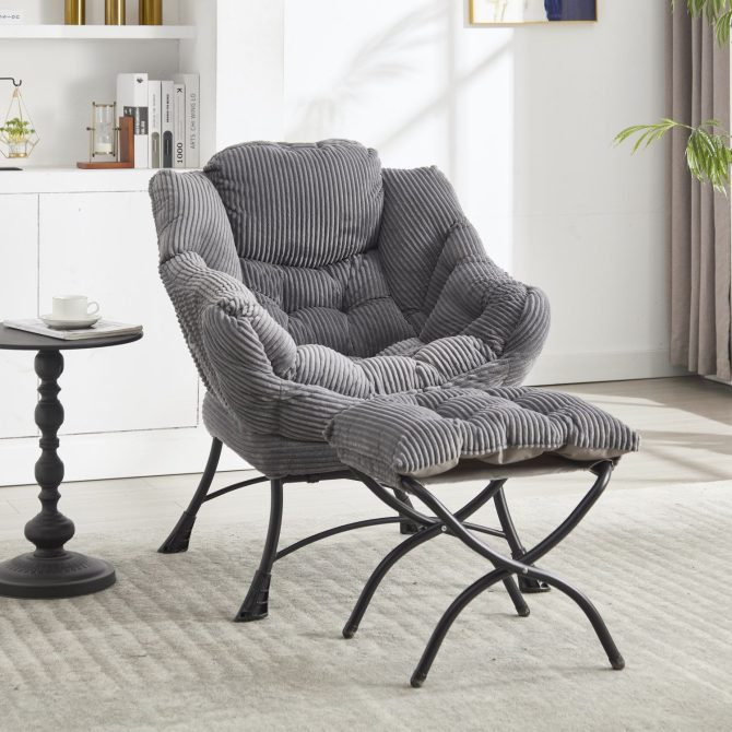 Lazy Chair with Ottoman, Modern Lounge Accent Chair with Armrests and a Side Pocket, Leisure Upholstered Sofa Chair Reading Chair with Footrest for Small Space, Corner Chair-Grey - Image 7