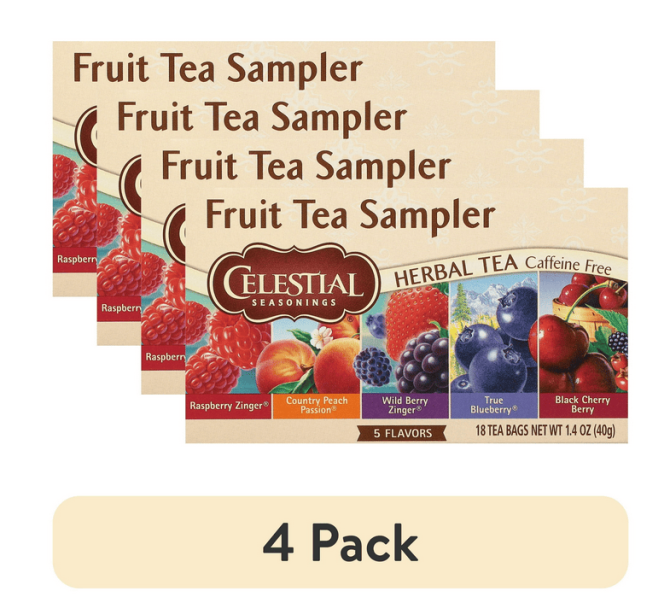 (4 pack) Celestial Seasonings Fruit Tea Sampler, Caffeine-Free Herbal Tea Bags (18 Count)
