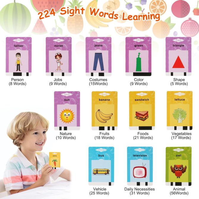 224 Words Kid Flash Talking Cards 112 Card Electronic Cognitive Audio Toddler Reading Machine Animal Shape Color Repeated Learning Cards English For Child 1-5 Years Old - Image 24