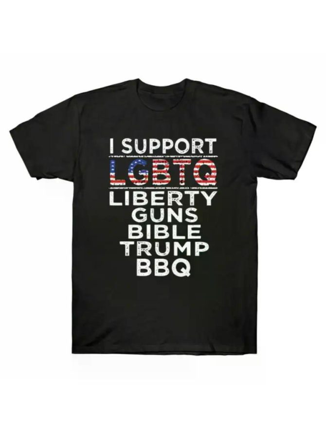 [Playful]Men's Patriotic Pattern T-Shirt - "I Support LGBTQ, Freedom, Firearms, Bible, BBQ" design with American flag, black cotton casual T-shirt, suitable for all seasons - Image 19