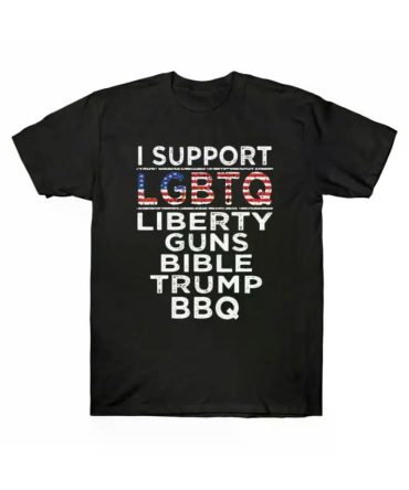 [Playful]Men's Patriotic Pattern T-Shirt - "I Support LGBTQ, Freedom, Firearms, Bible, BBQ" design with American flag, black cotton casual T-shirt, suitable for all seasons