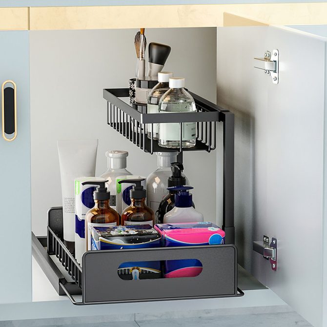 2 Tier Under Sink Organizers Pull Out Under Cabinet Basket Storage Shelf Sliding Drawer for Kitchen Bathroom - Image 12