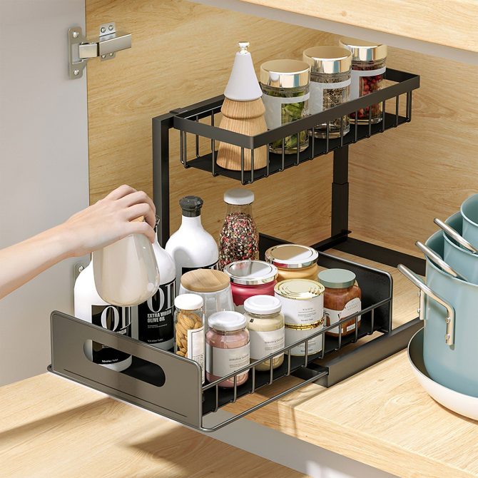 2 Tier Under Sink Organizers Pull Out Under Cabinet Basket Storage Shelf Sliding Drawer for Kitchen Bathroom - Image 13