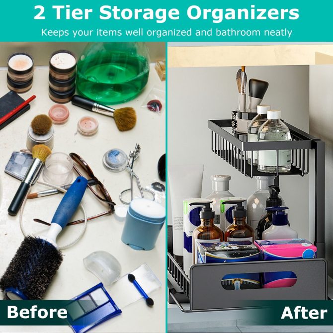 2 Tier Under Sink Organizers Pull Out Under Cabinet Basket Storage Shelf Sliding Drawer for Kitchen Bathroom - Image 3
