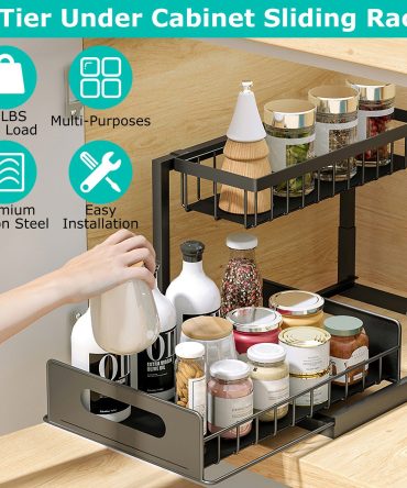 2 Tier Under Sink Organizers Pull Out Under Cabinet Basket Storage Shelf Sliding Drawer for Kitchen Bathroom