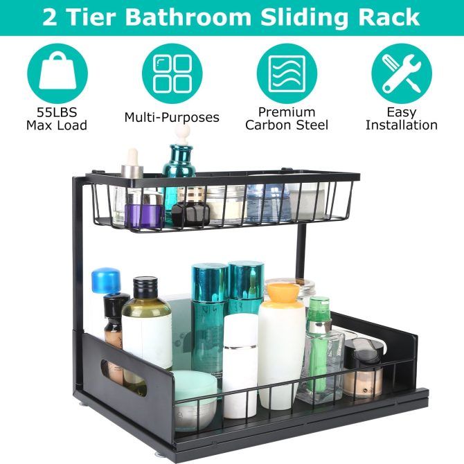 2 Tier Under Sink Organizers Pull Out Under Cabinet Basket Storage Shelf Sliding Drawer for Kitchen Bathroom - Image 9
