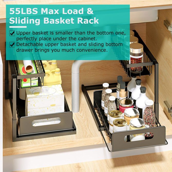 2 Tier Under Sink Organizers Pull Out Under Cabinet Basket Storage Shelf Sliding Drawer for Kitchen Bathroom - Image 10
