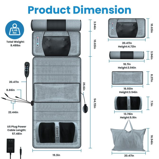 Full Body Electric Massage Mat Heating Vibration Massage Pad Cushion Back Massage Mattress Chair Pad with Neck massage Foot massage Head Pillow Inflatable Lumber Pillow Smart Timer - Image 7