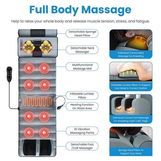 Full Body Electric Massage Mat Heating Vibration Massage Pad Cushion Back Massage Mattress Chair Pad with Neck massage Foot massage Head Pillow Inflatable Lumber Pillow Smart Timer - Image 8