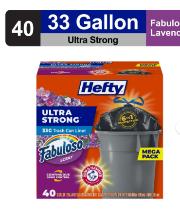 Hefty Ultra Strong 33 gallon Trash Bags, Large Trash Bags, Black, Fabuloso Scent, 40 Bags