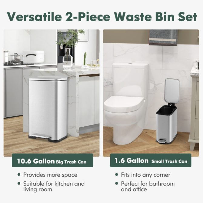 10.5 Gal and 1.6 Gal Step Trash Can Combo Set with Detachable Inner Buckets - Image 8