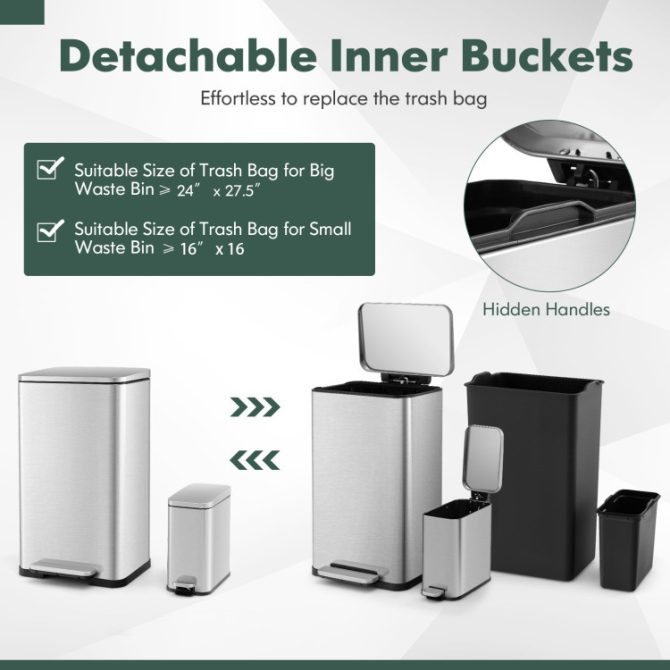 10.5 Gal and 1.6 Gal Step Trash Can Combo Set with Detachable Inner Buckets - Image 9